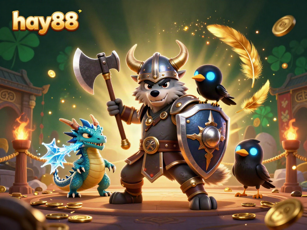 Engage in thrilling betting experiences with hay88 featuring an epic Viking wolf warrior, fierce dragon, and enchanted visuals.