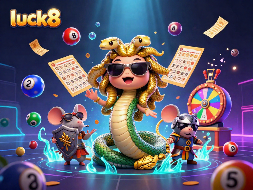 Experience the vibrant luck8 gaming atmosphere with Medusa, a stone-shield warrior mouse, and colorful lottery balls.