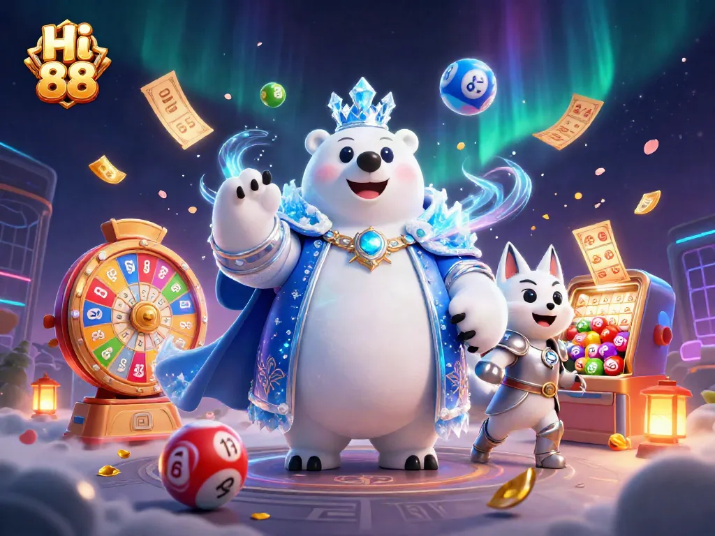 Win big with Hi 88 in this dynamic 3D casino illustration featuring vibrant lottery elements.