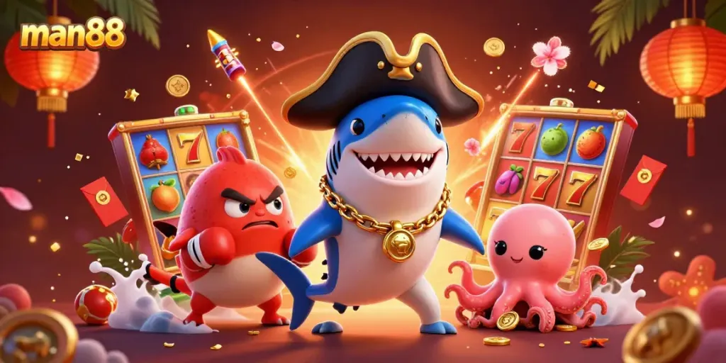 Experience the thrill of man88 with a vibrant 3D scene featuring a pirate shark, pufferfish, and octopus amidst golden casino elements.