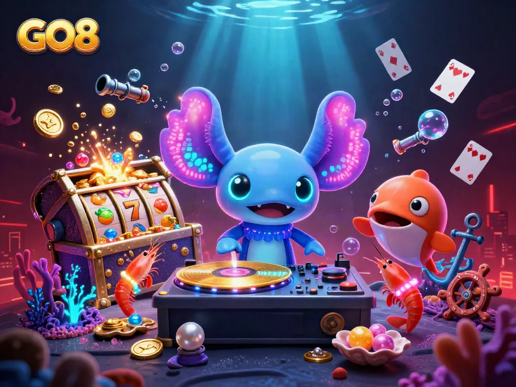 Experience vibrant GO8 casino scenes with axolotl DJ, gold coins, and neon gaming elements.