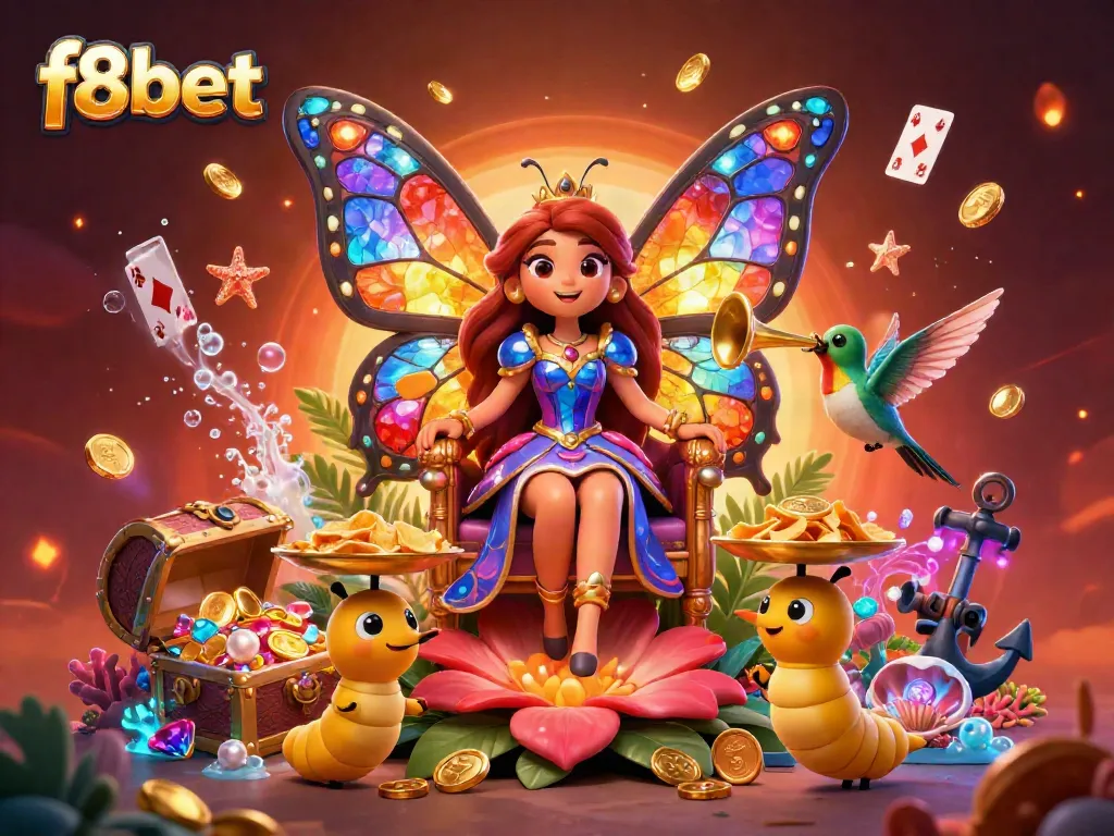 Join the fun with f8bet at this vibrant casino-themed illustration featuring games and treasures.
