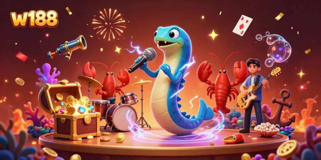 w188 features an underwater casino stage with vibrant characters and dynamic betting action.