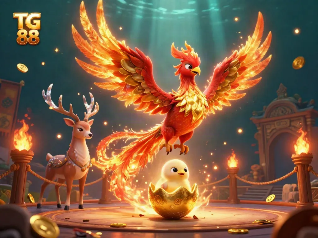Experience the vibrant TG 88 phoenix soaring in a lively casino environment, surrounded by exciting gaming elements.