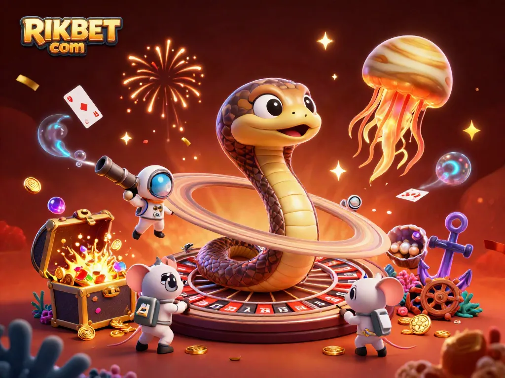 Win big with RIKBET com in a vibrant cosmic casino scene featuring a roulette wheel, bets, and treasures.