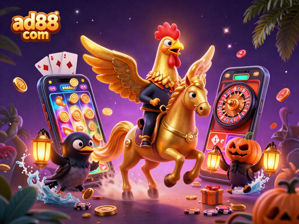 Engage with the captivating gaming scene of ad88 com as a golden rooster in a casino.