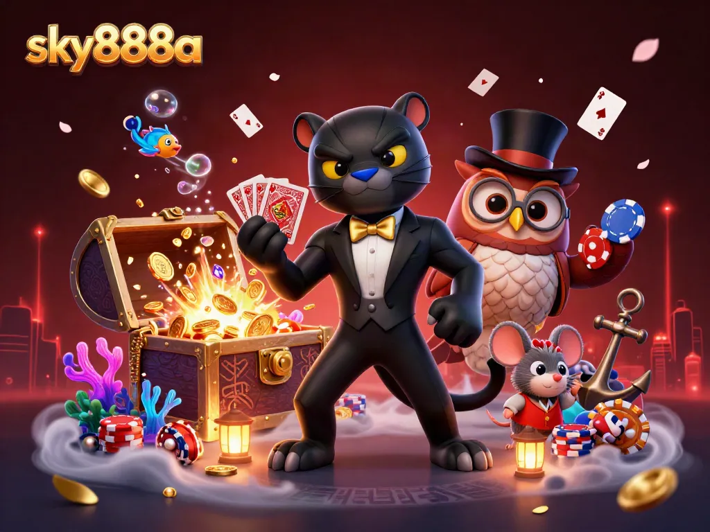 Engage with exciting games at sky888a, featuring a festive casino scene with playful characters and vibrant visuals.