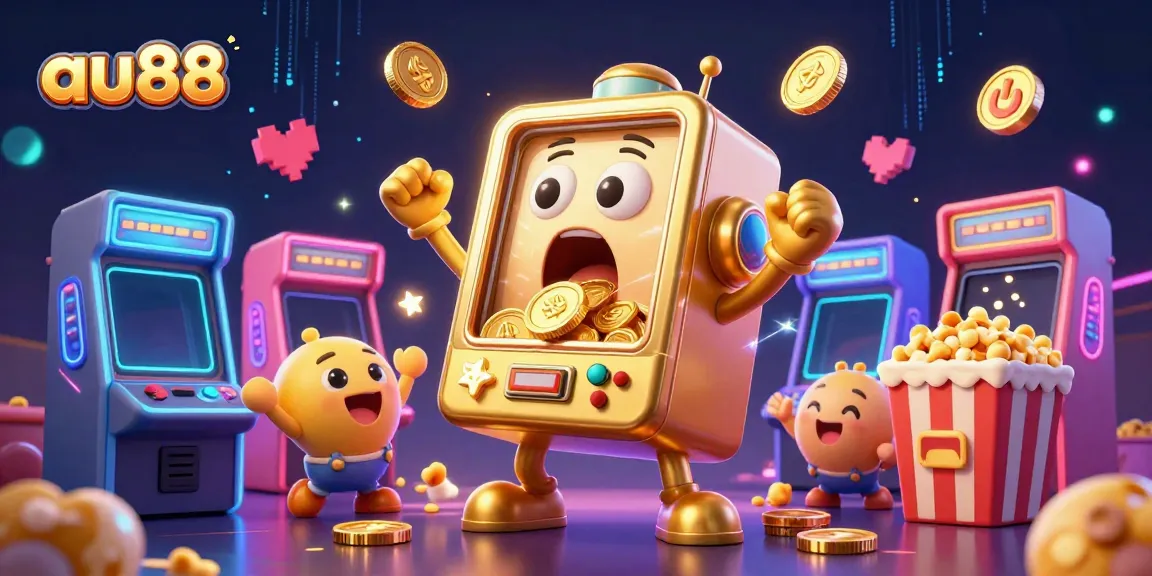 Celebrate jackpots with au88 as the golden slot machine bursts with coins, surrounded by cheering mini machines.