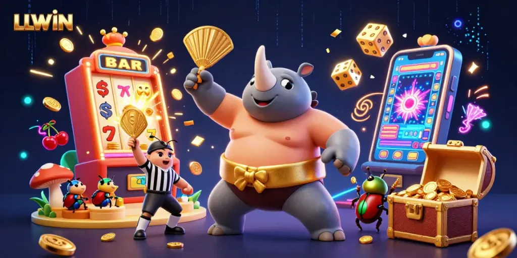 Spin to win with LLWIN's vibrant casino scene full of animated characters and exciting gambling elements.