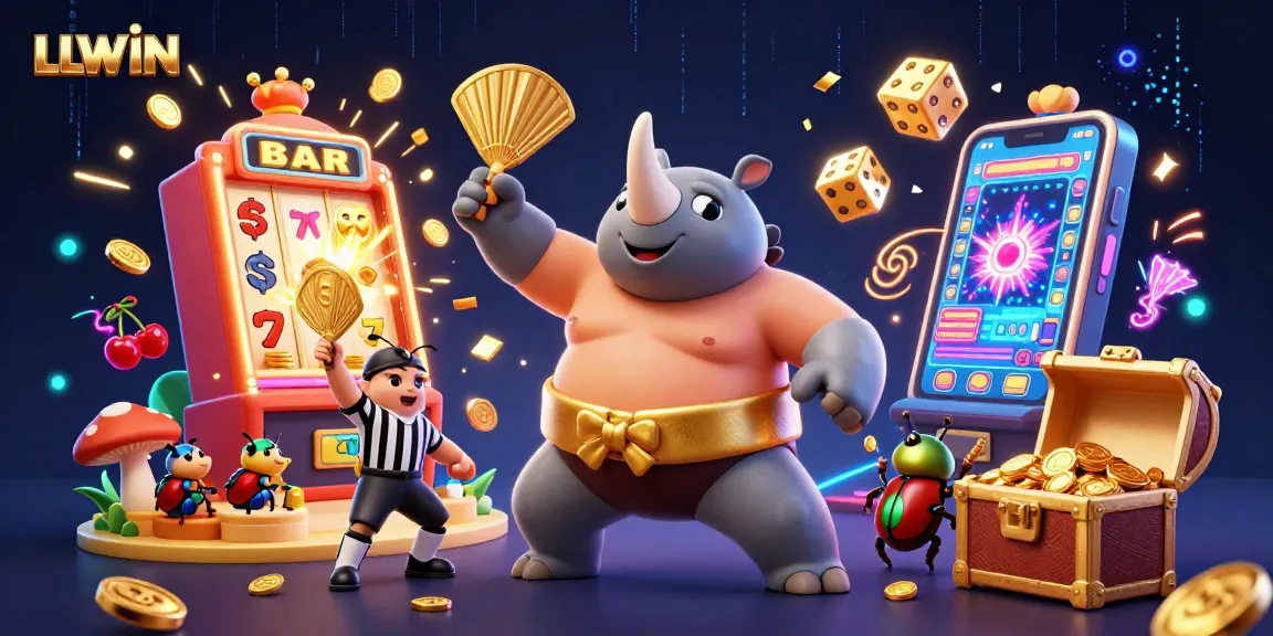 Spin to win with LLWIN's vibrant casino scene full of animated characters and exciting gambling elements.