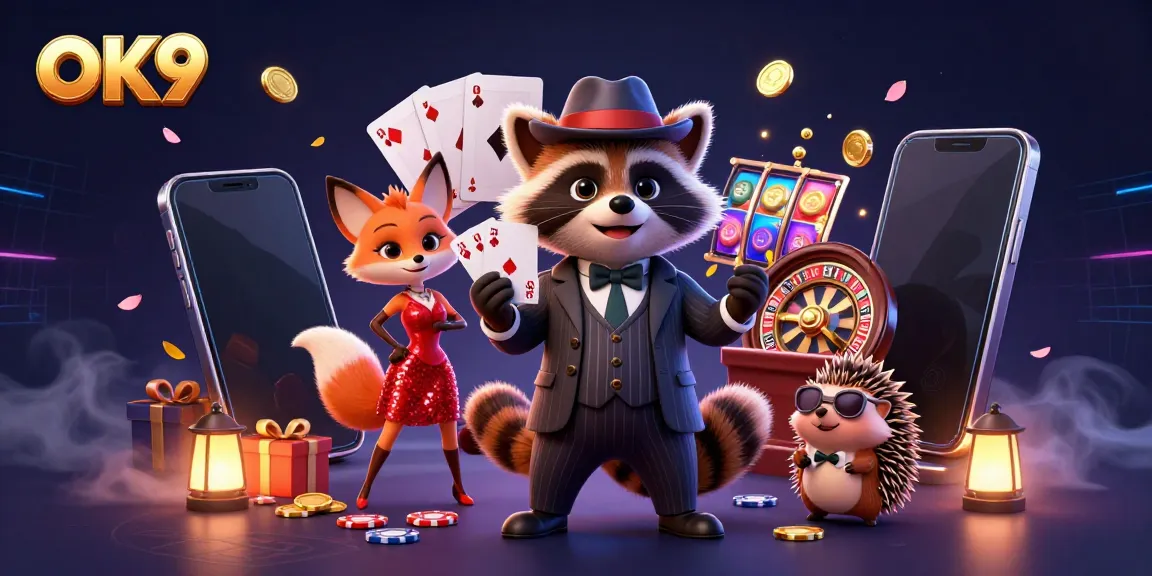 Experience the thrill of OK9 with a suave raccoon and a charming fox in a lively casino scene.