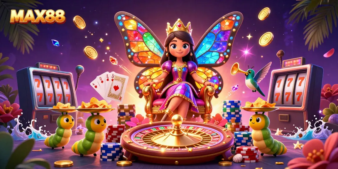 Engage with MAX88's vibrant casino adventure featuring a butterfly queen, chips, and sparkling gems.