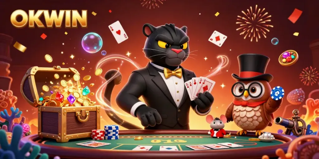 Engage in thrilling poker action at OKWIN with stylish characters amidst vibrant gambling elements.