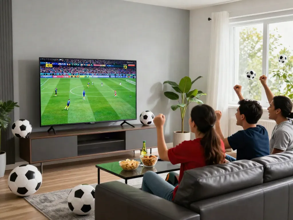 Cheering friends enjoying a gavangtv football match in a stylish living room.