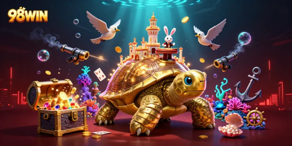 Play thrilling games at 98WIN with a spectacular illustration of a casino-themed underwater scene.