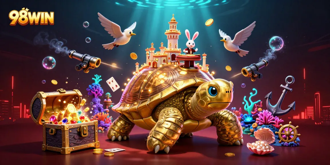 Play thrilling games at 98WIN with a spectacular illustration of a casino-themed underwater scene.