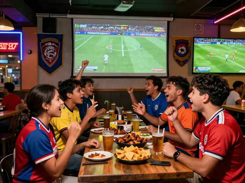 Excited fans enjoying a live ThapcamTV football match in a vibrant sports bar.