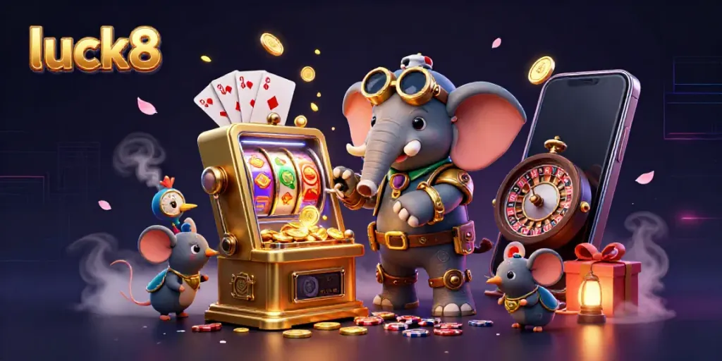 Immerse yourself in Luck8's casino adventure with a steampunk elephant operating a slot machine amidst colorful games and coins.