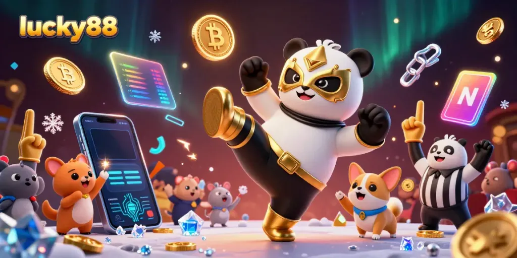 Engage in the excitement of lucky88 as a panda wrestler performs a kick in a lively casino scene.