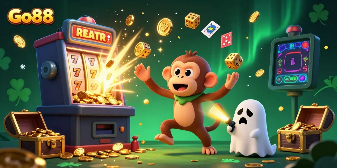 Engage with Go88 as the mischievous monkey juggles golden casino treasures in a haunted setting.