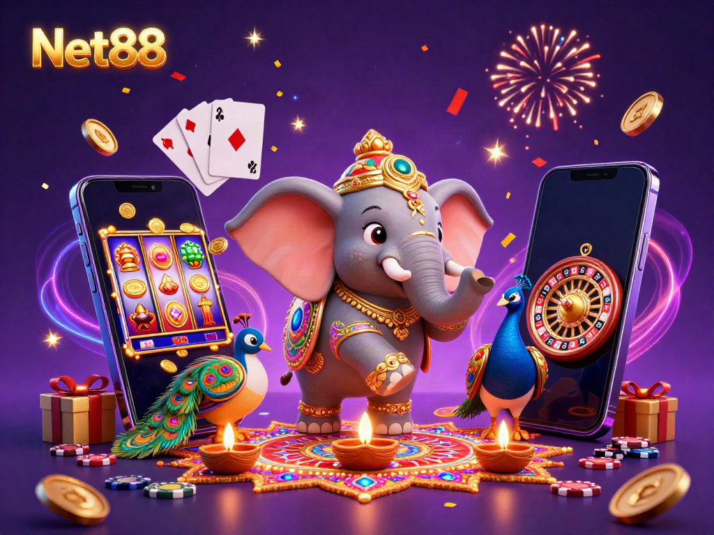 Engage with Net88's vibrant casino worlds featuring colorful games and celebrating elements.