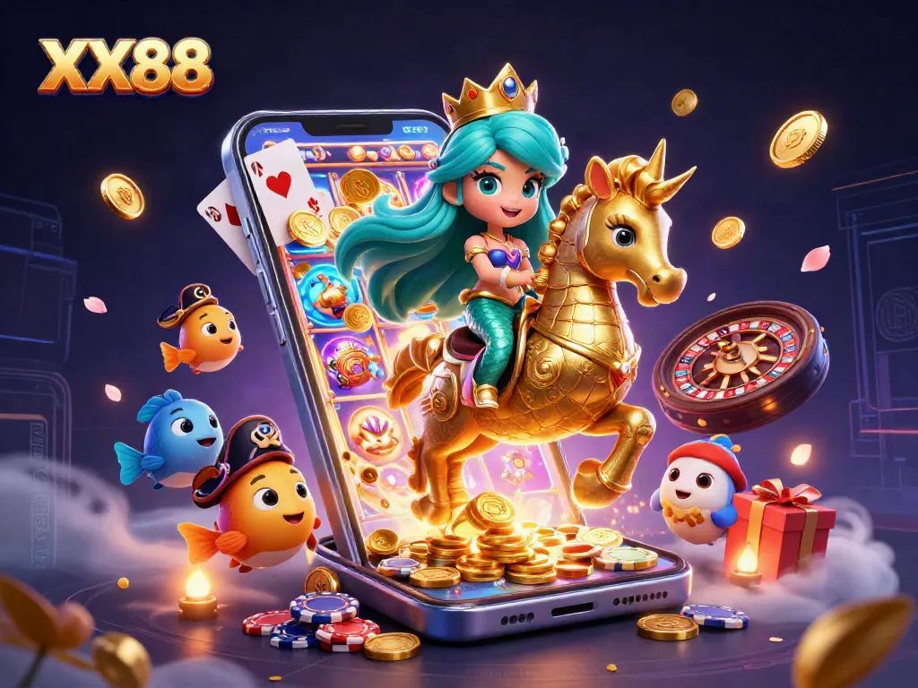 Experience the thrill of wins at XX88 with a vibrant and rich casino illustration.
