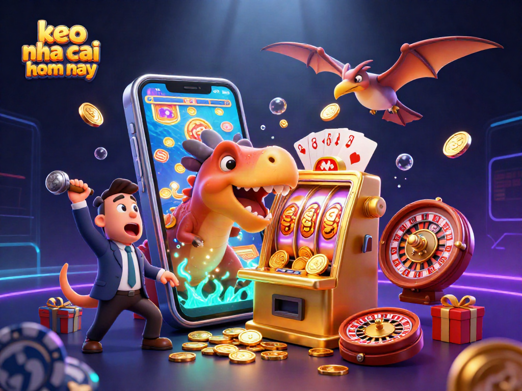 Rolling jackpot coins erupt from a slot machine in this animated scene of keo nha cai hom nay.