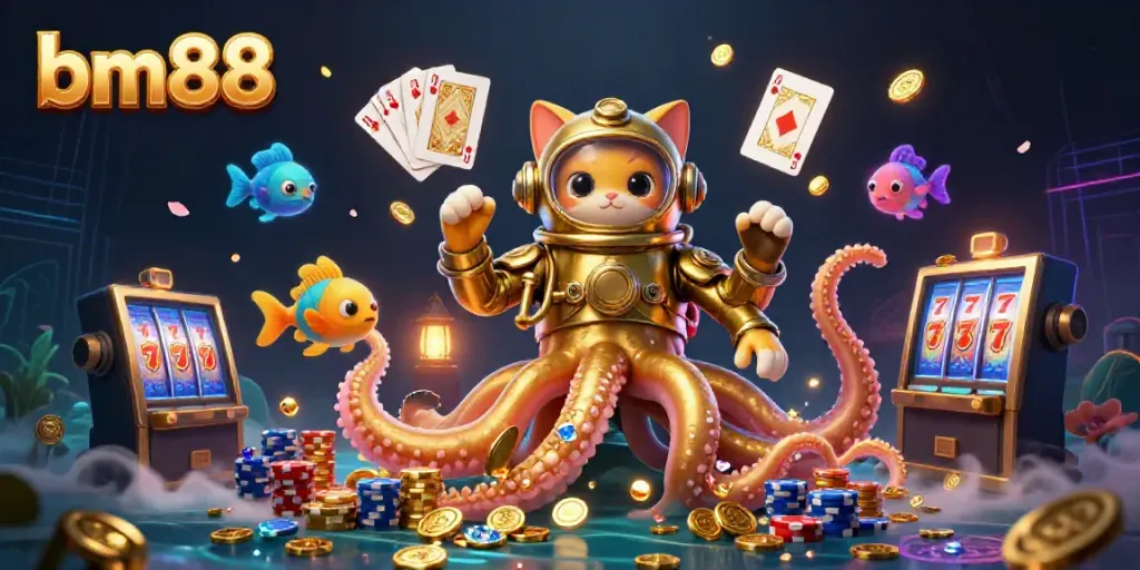 Experience exhilarating gameplay with bm88, featuring a kraken, diving cat, and vibrant casino elements.