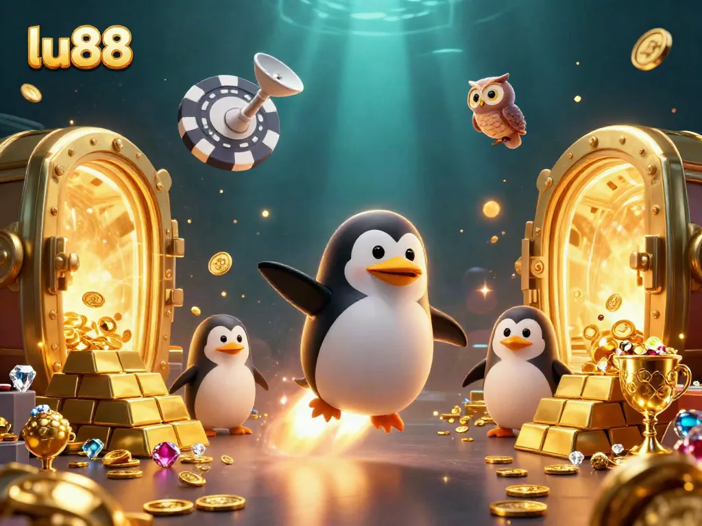 Experience thrilling gaming with lu88's captivating golden penguin soaring through a vibrant casino space scene.