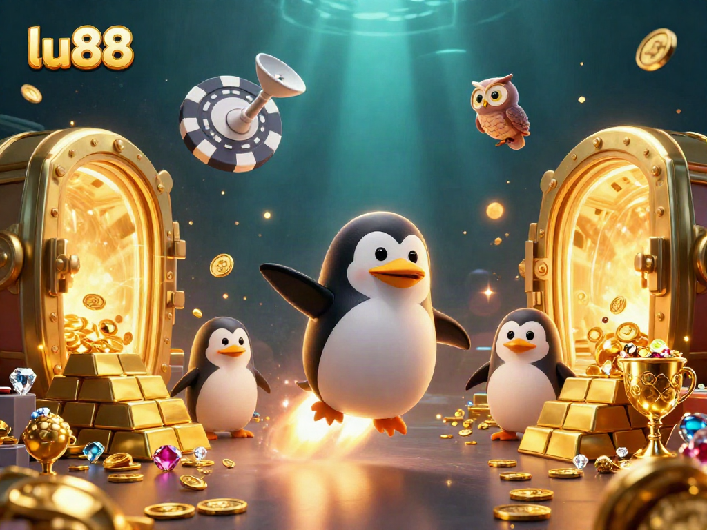 Experience thrilling gaming with lu88's captivating golden penguin soaring through a vibrant casino space scene.