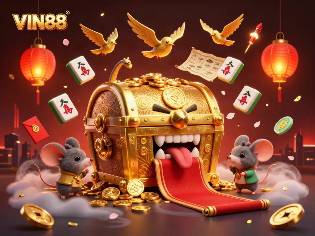 VIN88 captures excitement with adventurer mice and fortune elements in a vibrant casino scene.