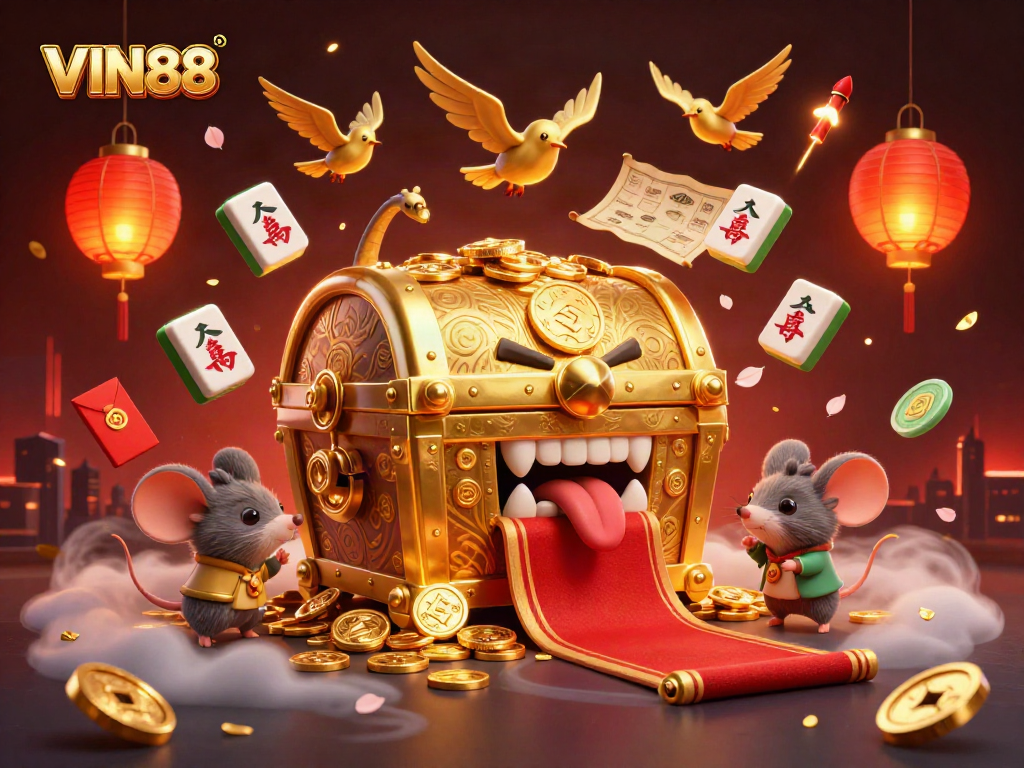 VIN88 captures excitement with adventurer mice and fortune elements in a vibrant casino scene.