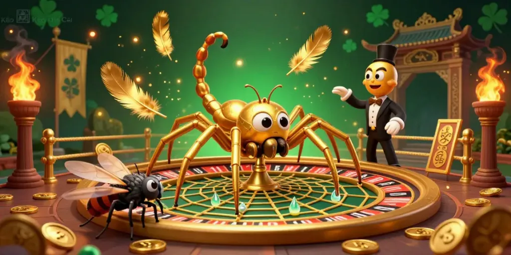 Kèo Nhà Cái enhances the gambling excitement with a dynamic roulette wheel web scene featuring vibrant characters.