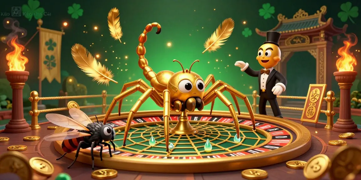 Kèo Nhà Cái enhances the gambling excitement with a dynamic roulette wheel web scene featuring vibrant characters.