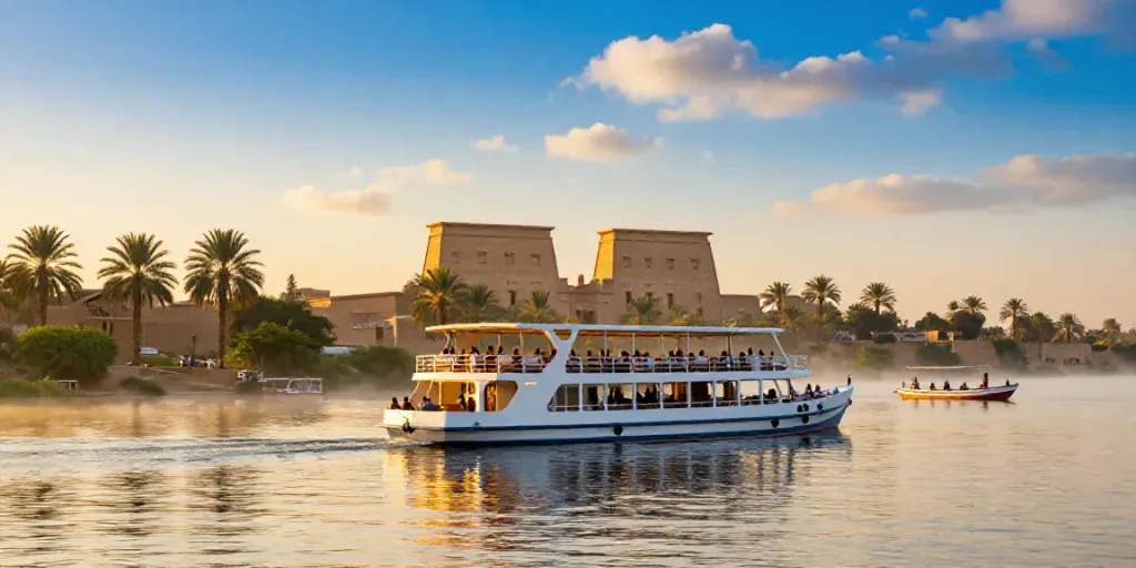 Lake Nasser Cruise featuring luxury ship against iconic Nubian temple backdrop at sunrise.