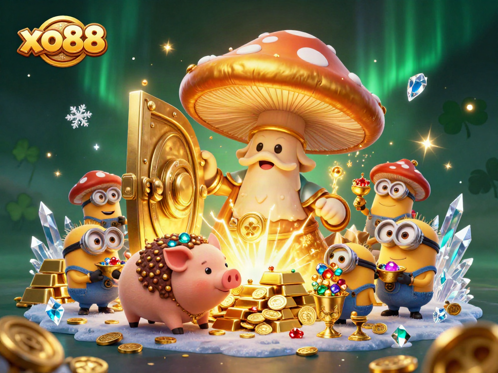 Engage with xo88's vibrant casino magic featuring a whimsical golden wizard amidst treasure in a rich, colorful scene.