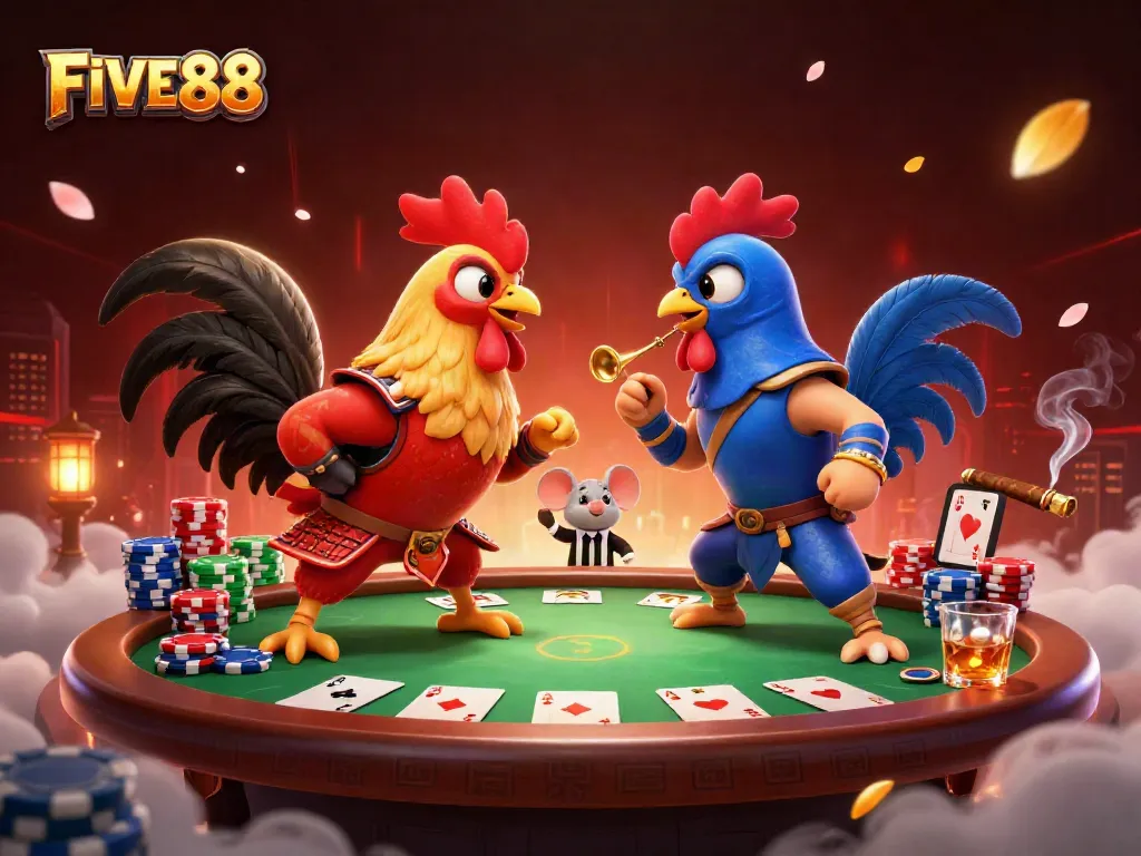 Engage with the thrilling FIVE88 showdown of cartoon roosters at an electrifying poker table.