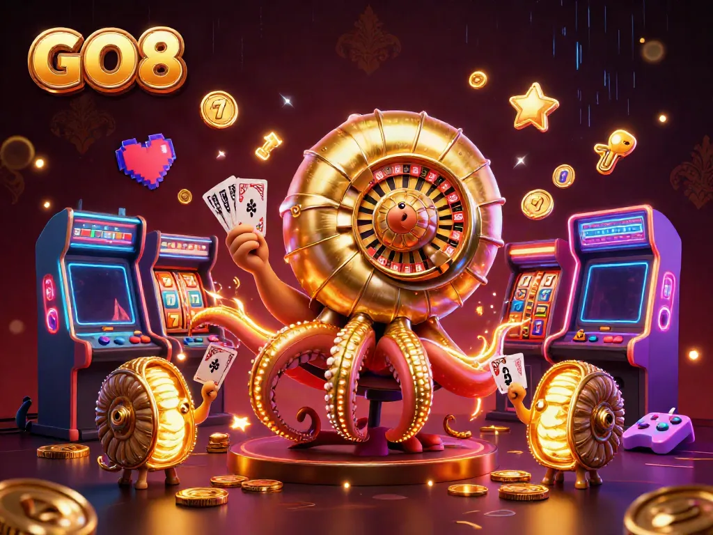 Experience the excitement of GO8 with a vibrant 3D casino scene filled with engaging game elements and characters.