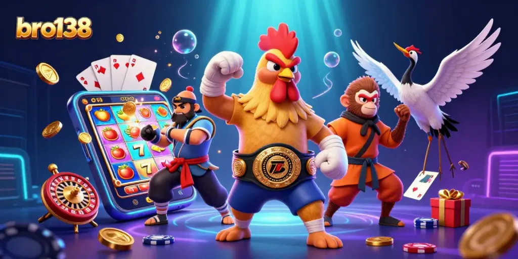 Engage with bro138 as a vibrant casino scene unfolds featuring colorful slot games and animated characters.