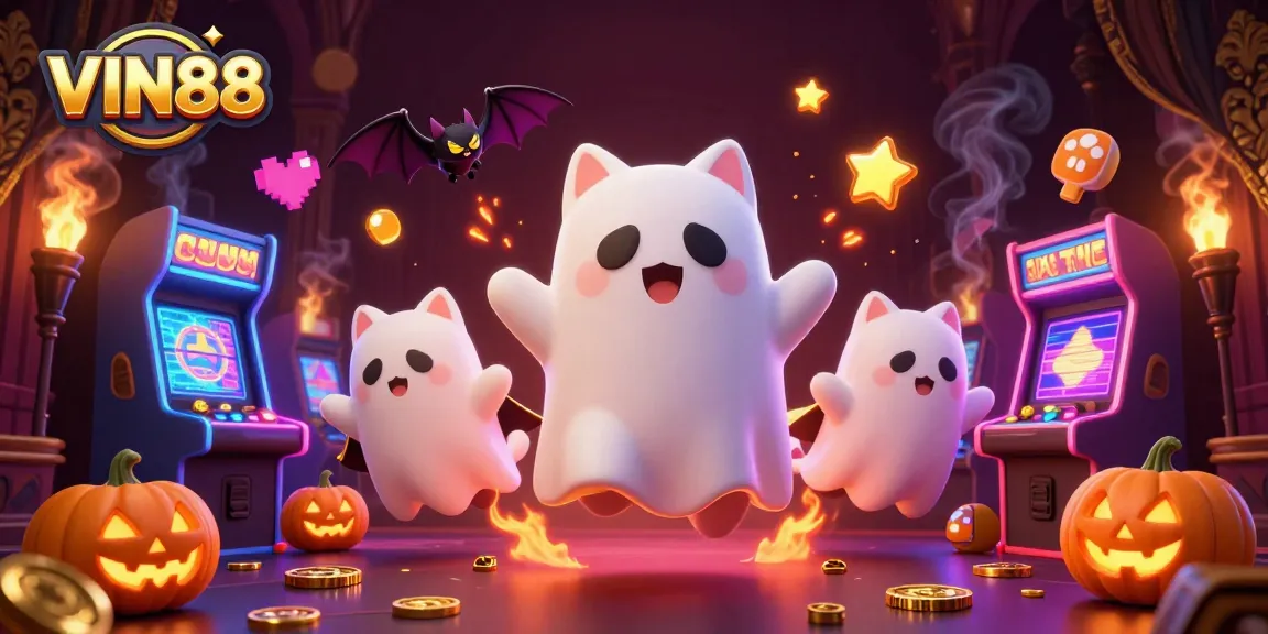 Experience the excitement of VIN88 with a playful ghost cat and bat companion in a haunted casino.