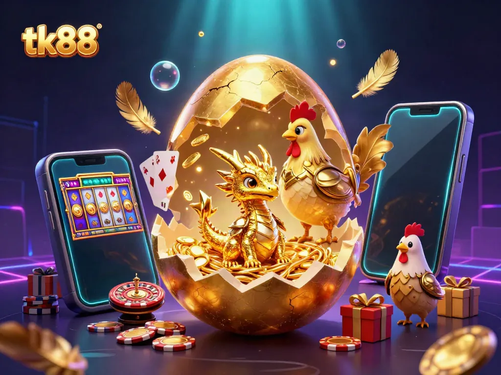 Engage with tk88's vibrant casino world, featuring golden elements and dynamic gaming action.