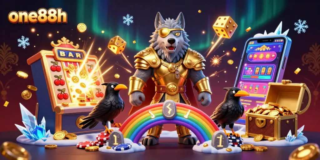 Experience the thrill of one88h with a vibrant 3D illustration featuring Odin and casino elements.
