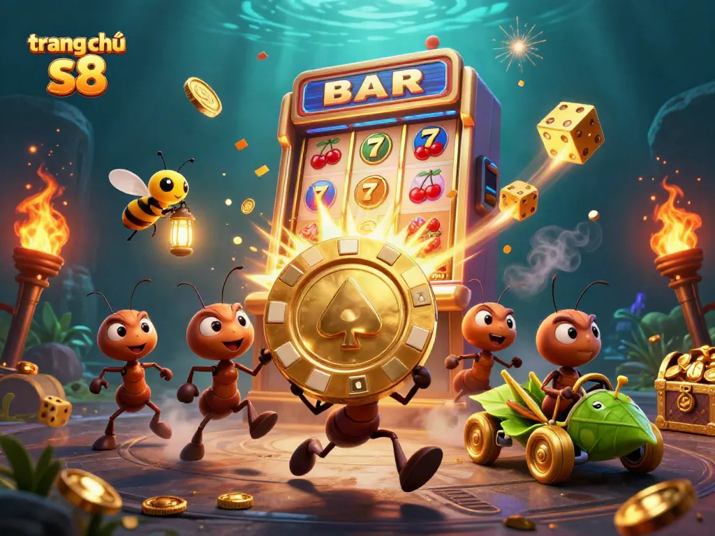 Experience the excitement of trang chủ s8 with animated ants heisting a giant poker chip amidst vibrant casino elements.
