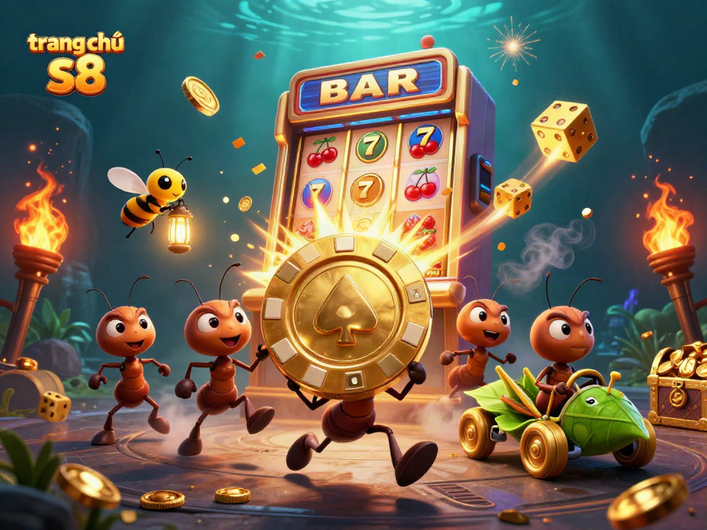 Experience the excitement of trang chủ s8 with animated ants heisting a giant poker chip amidst vibrant casino elements.