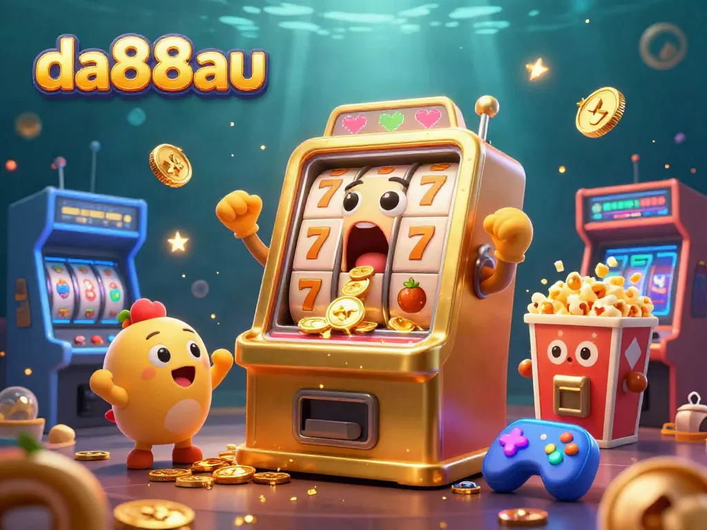 Experience da88au's jackpot thrill with a lively scene of cartoon slot machines celebrating wins.