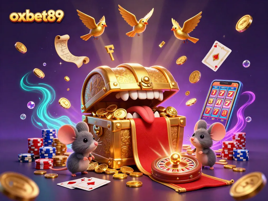 Join the adventure with oxbet89, where treasure chests and riches await in this vibrant casino illustration.