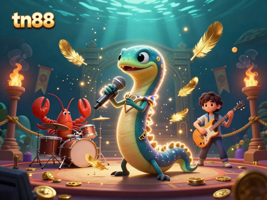 Experience tn88 gaming with electric eel DJ, lobster drummer, and seahorse guitarist in an underwater casino stage
