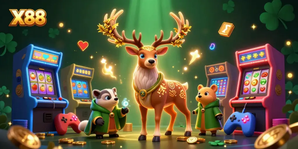 X88 offers exciting gameplay with a 3D druid stag and slot machines in a vibrant casino atmosphere.