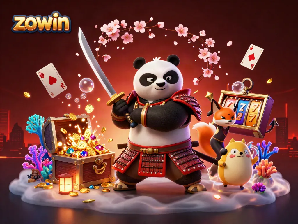 Zowin's colorful 3D casino scene featuring a samurai panda, ninja fox, and treasure with games.
