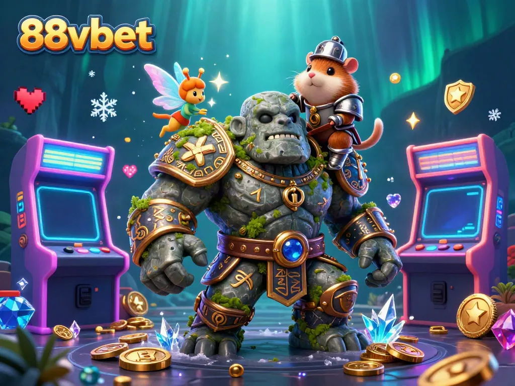 Spin the reels and win big with 88vbet's thrilling 3D casino adventure featuring a golem, fairy, and hamster knight!